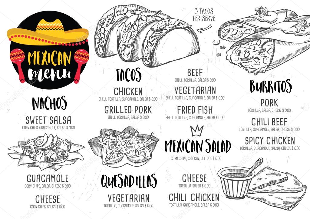 Mexican menu placemat food restaurant, menu template design. Vintage creative dinner brochure with hand-drawn graphic. Vector food menu flyer.