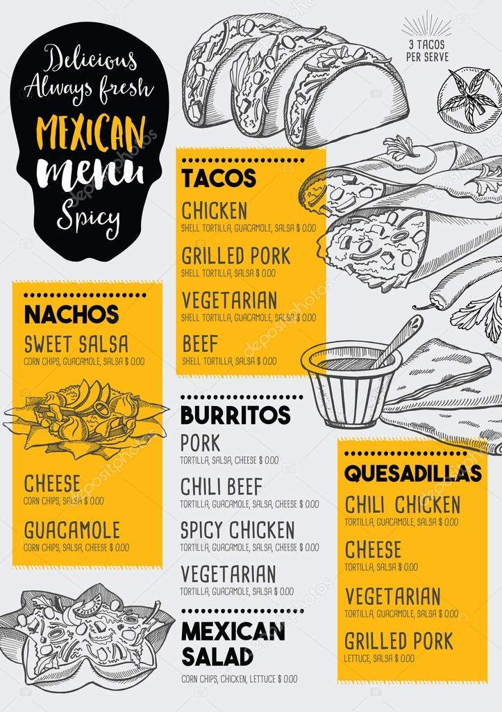Mexican menu placemat food restaurant, menu template design. Vintage creative dinner brochure with hand-drawn graphic. Vector food menu flyer.