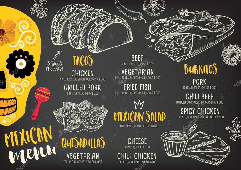 Mexican menu placemat food restaurant, menu template design. Vintage creative dinner brochure with hand-drawn graphic. Vector food menu flyer.