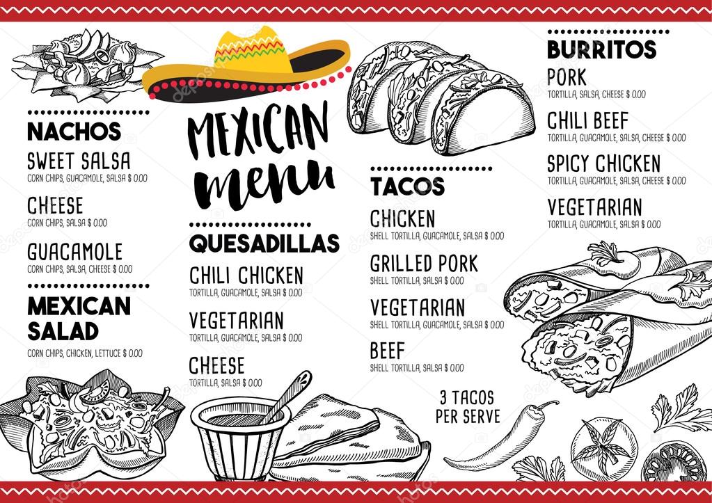 Mexican menu placemat food restaurant, menu template design. Vintage creative dinner brochure with hand-drawn graphic. Vector food menu flyer.