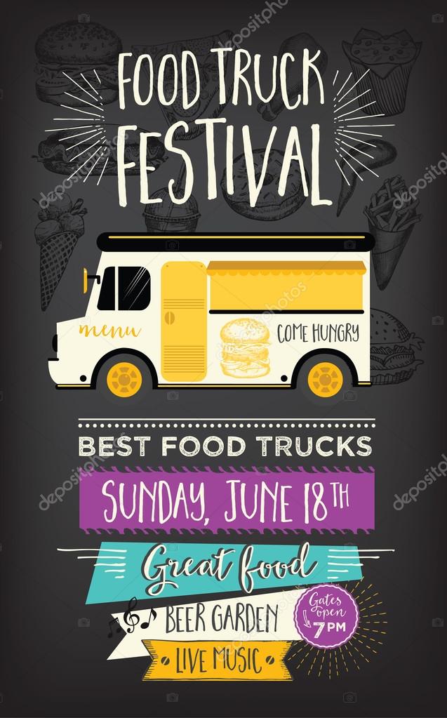 Food truck festival menu food brochure, street food template design. Vintage creative party invitation with hand-drawn graphic. Vector food menu flyer. Hipster menu board.