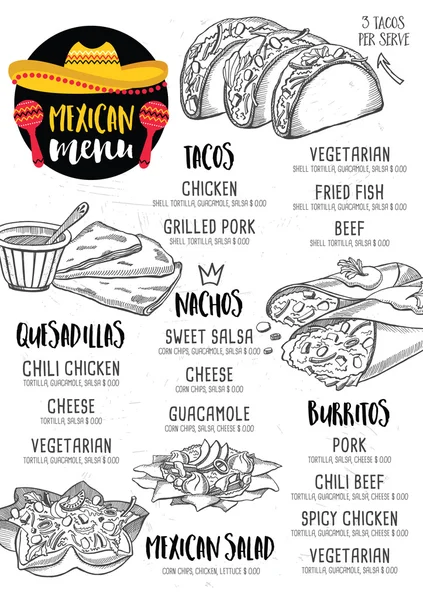 Meksykańska menu podkładka jedzenie restauracja — Wektor stockowy