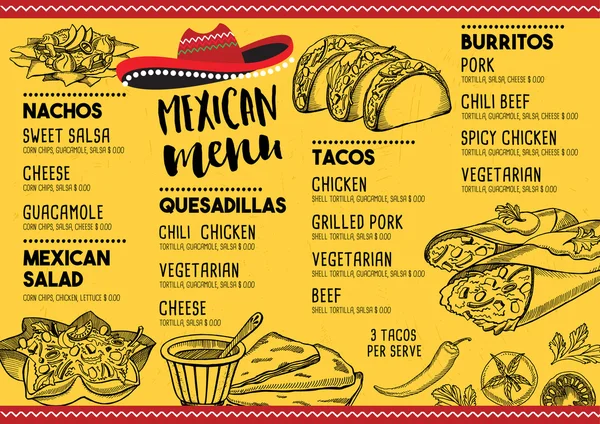 Menú mexicano placemat restaurante de comida — Vector de stock