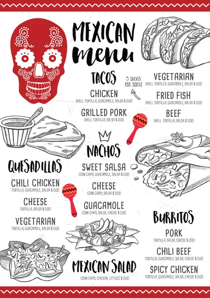 Menú mexicano placemat restaurante de comida — Vector de stock