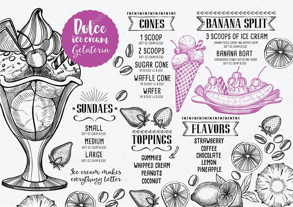 Ice cream menu placemat food restaurant brochure, dessert template design. Vintage creative sweet template with hand-drawn graphic. Vector food menu flyer. Gourmet menu board.