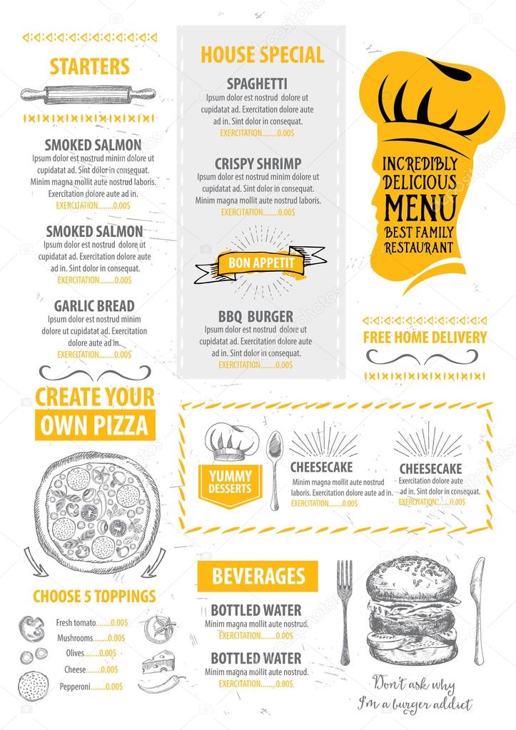 Menu placemat food restaurant brochure, menu template design. Vintage creative dinner template with hand-drawn graphic. Vector food menu flyer. Gourmet menu board.