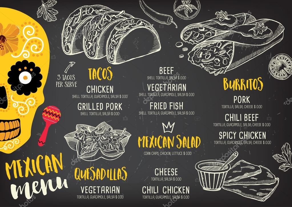 Mexican menu placemat food restaurant, menu template design. Vintage creative dinner brochure with hand-drawn graphic. Vector food menu flyer.