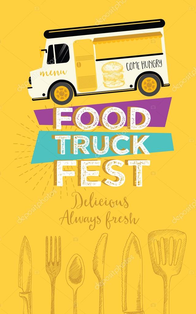 Food truck festival menu brochure, street food template design. Vintage creative party invitation with hand-drawn graphic. Vector food menu flyer. Hipster menu board.