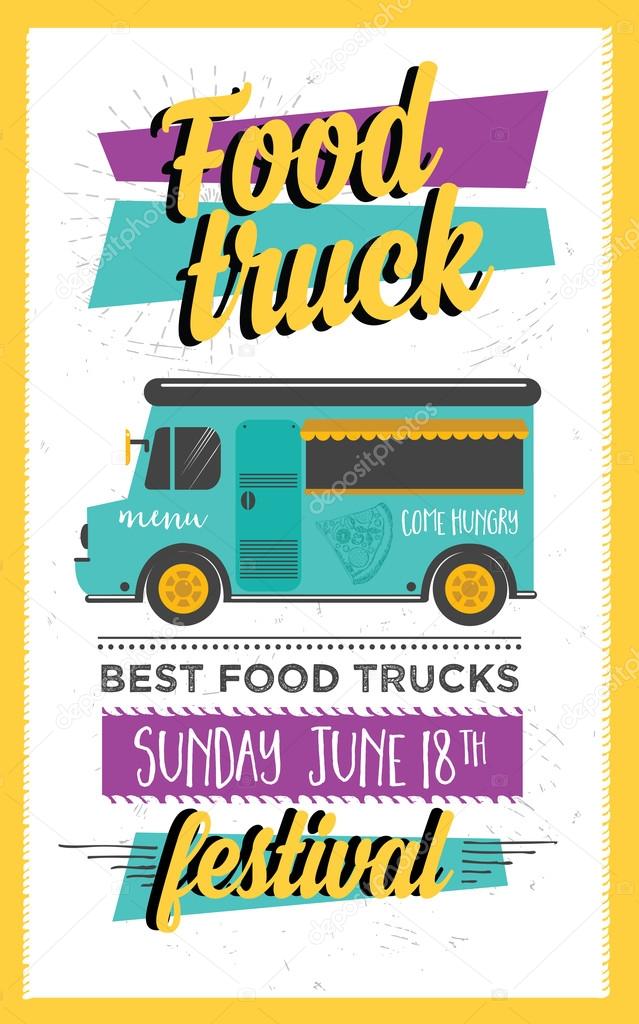 Food truck festival menu brochure, street food template design. Vintage creative party invitation with hand-drawn graphic. Vector food menu flyer. Hipster menu board.