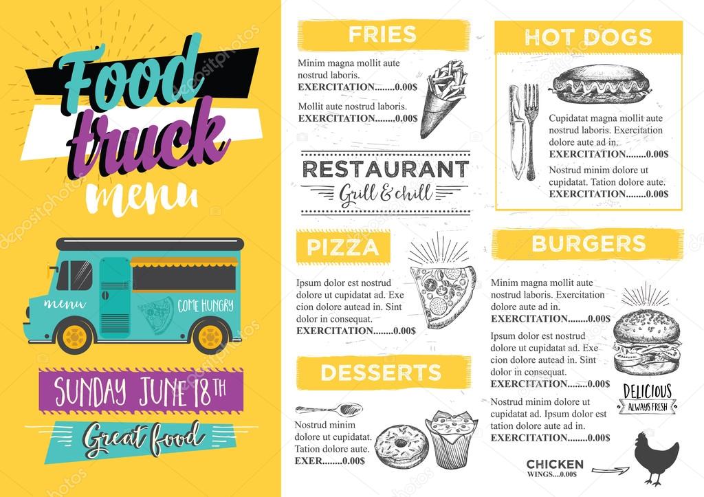 Food truck festival menu brochure, street food template design. Vintage creative party invitation with hand-drawn graphic. Vector food menu flyer. Hipster menu board.