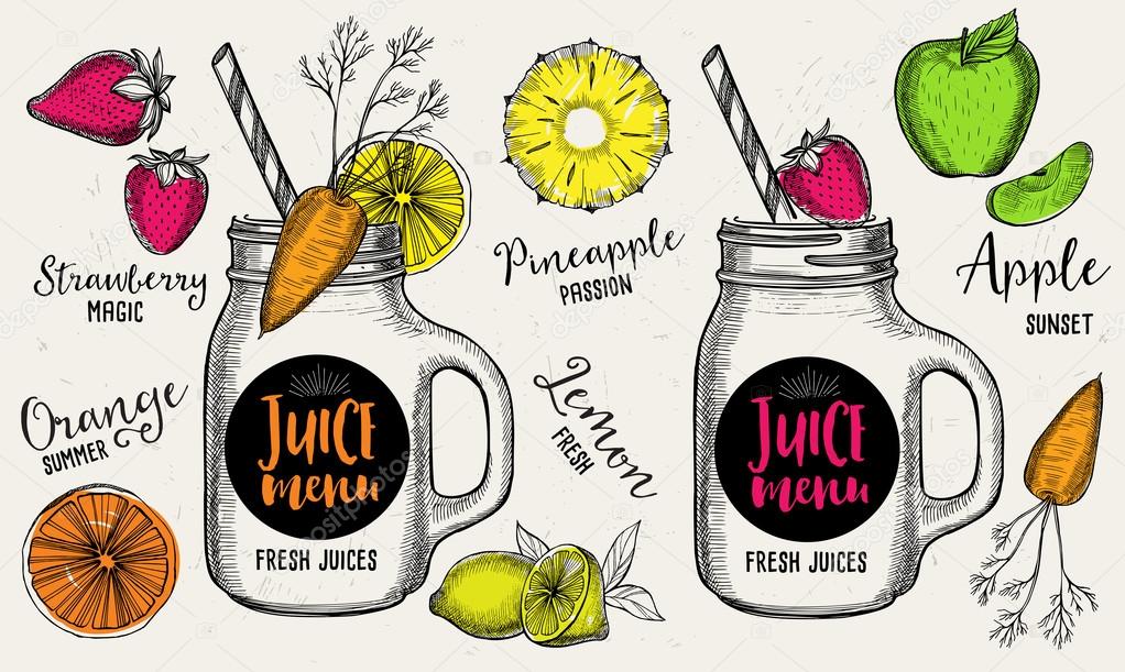 Juice menu placemat drink restaurant brochure, dessert template design. Vintage creative beverage template with hand-drawn graphic. Vector food menu flyer.