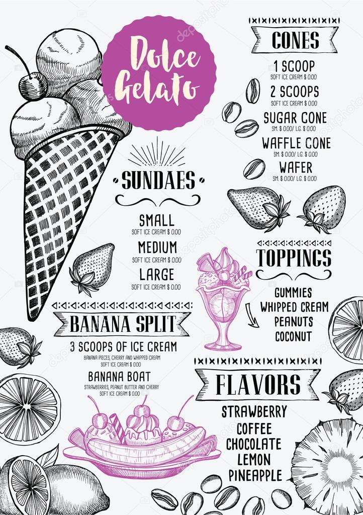 Ice cream menu placemat food restaurant brochure, dessert template design. Vintage creative sweet template with hand-drawn graphic. Vector food menu flyer.