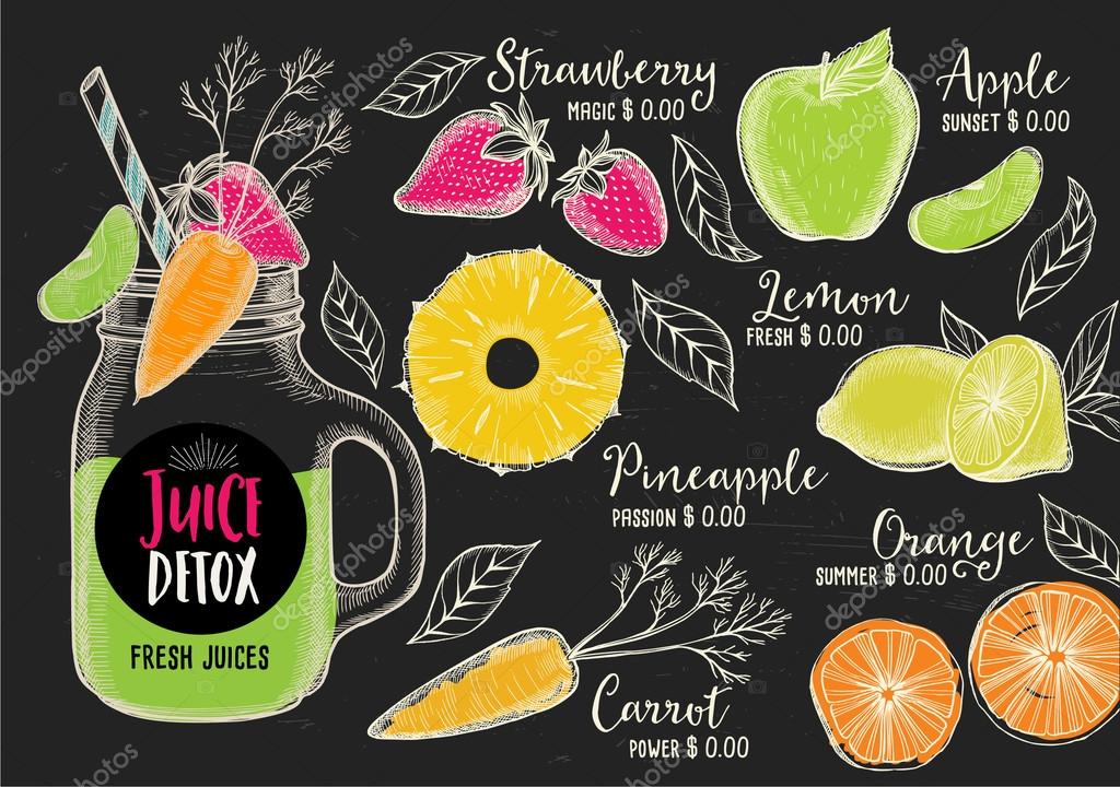 Juice menu placemat drink restaurant brochure, dessert template design. Vintage creative beverage template with hand-drawn graphic. Vector food menu flyer.