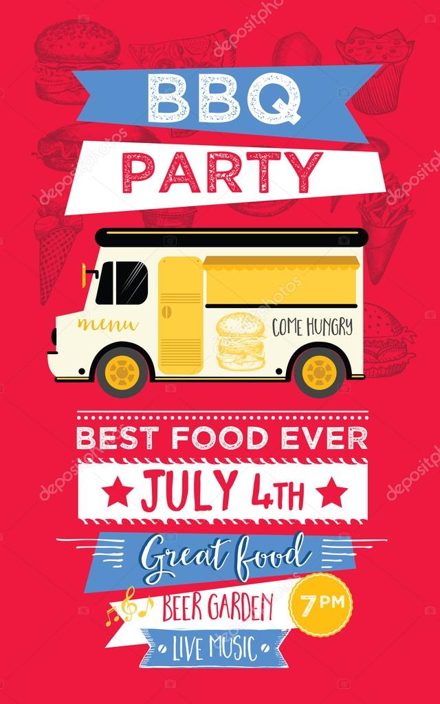 Food truck festival menu food brochure, street food template design. Vintage creative party invitation with hand-drawn graphic. Vector food menu flyer. Hipster menu board.
