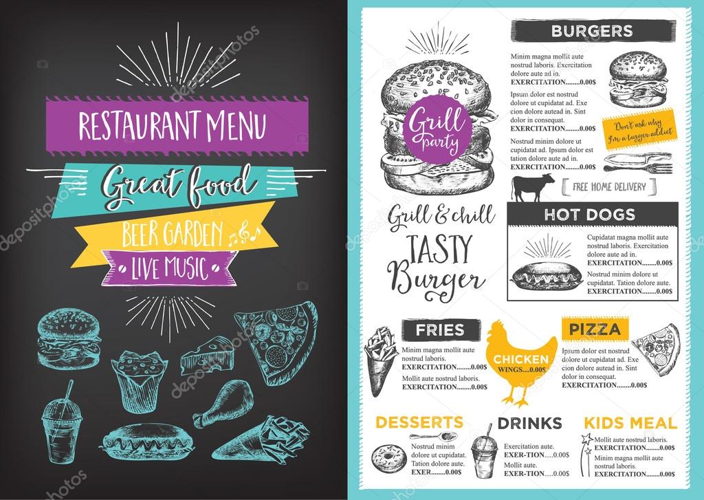 Menu placemat food restaurant brochure, template design. Vintage creative dinner board flyer with hand-drawn graphic
