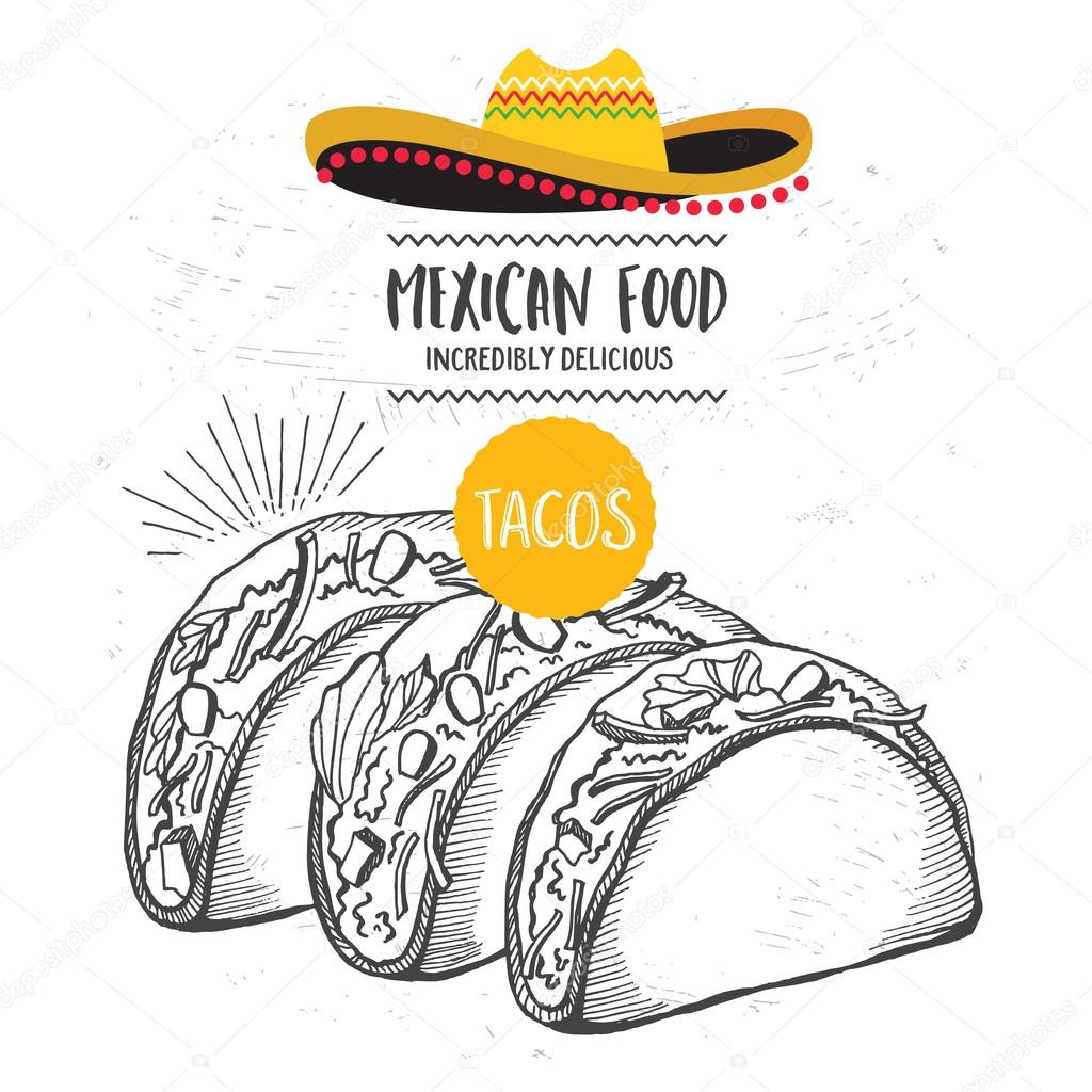 Mexican menu placemat food restaurant, menu template design. Vintage creative dinner brochure with hand-drawn graphic. Vector food menu flyer.