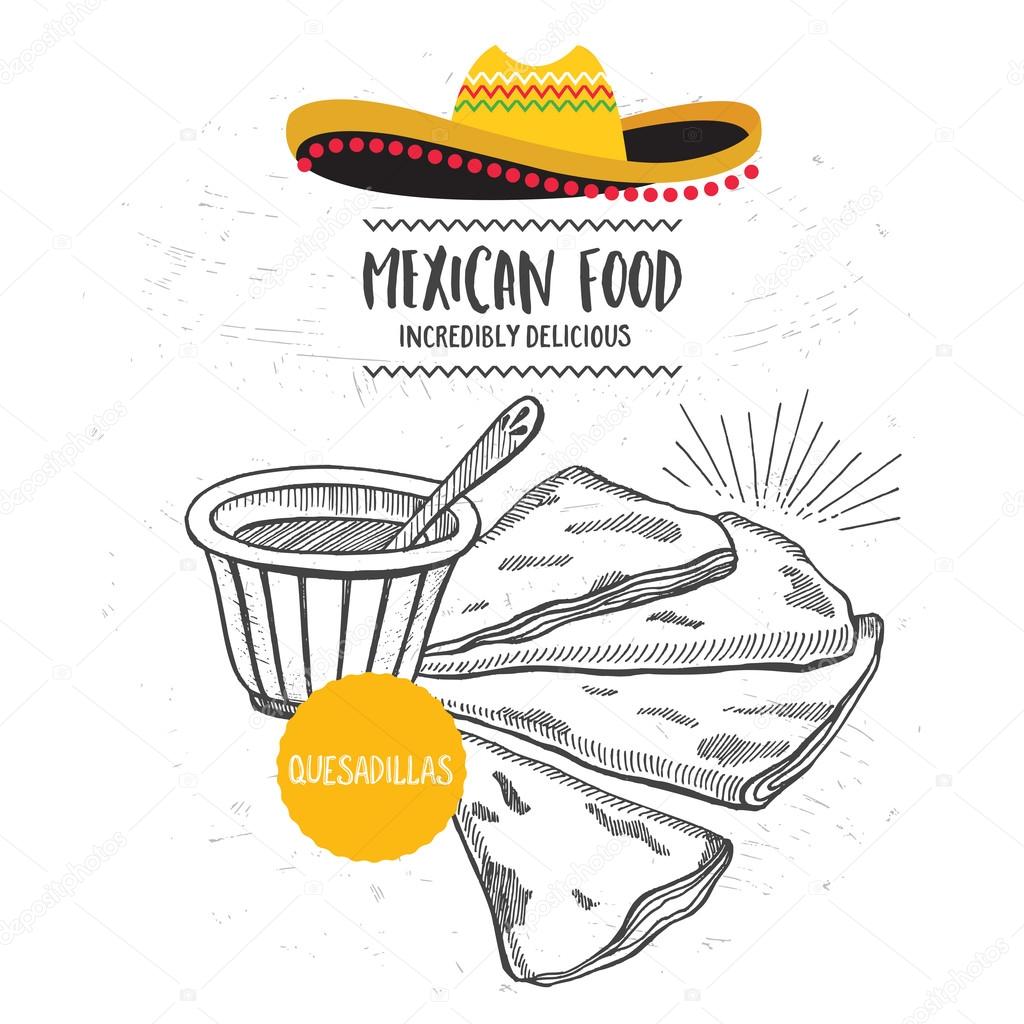Mexican menu placemat food restaurant, menu template design. Vintage creative dinner brochure with hand-drawn graphic. Vector food menu flyer.