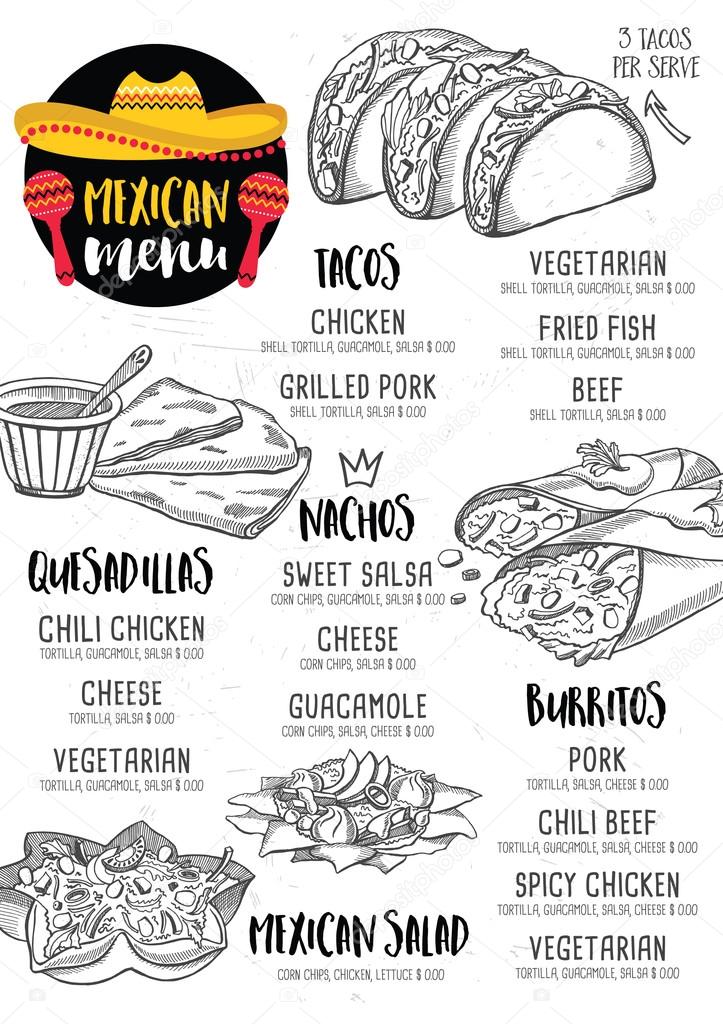 Mexican menu placemat food restaurant, menu template design. Vintage creative dinner brochure with hand-drawn graphic. Vector food menu flyer.