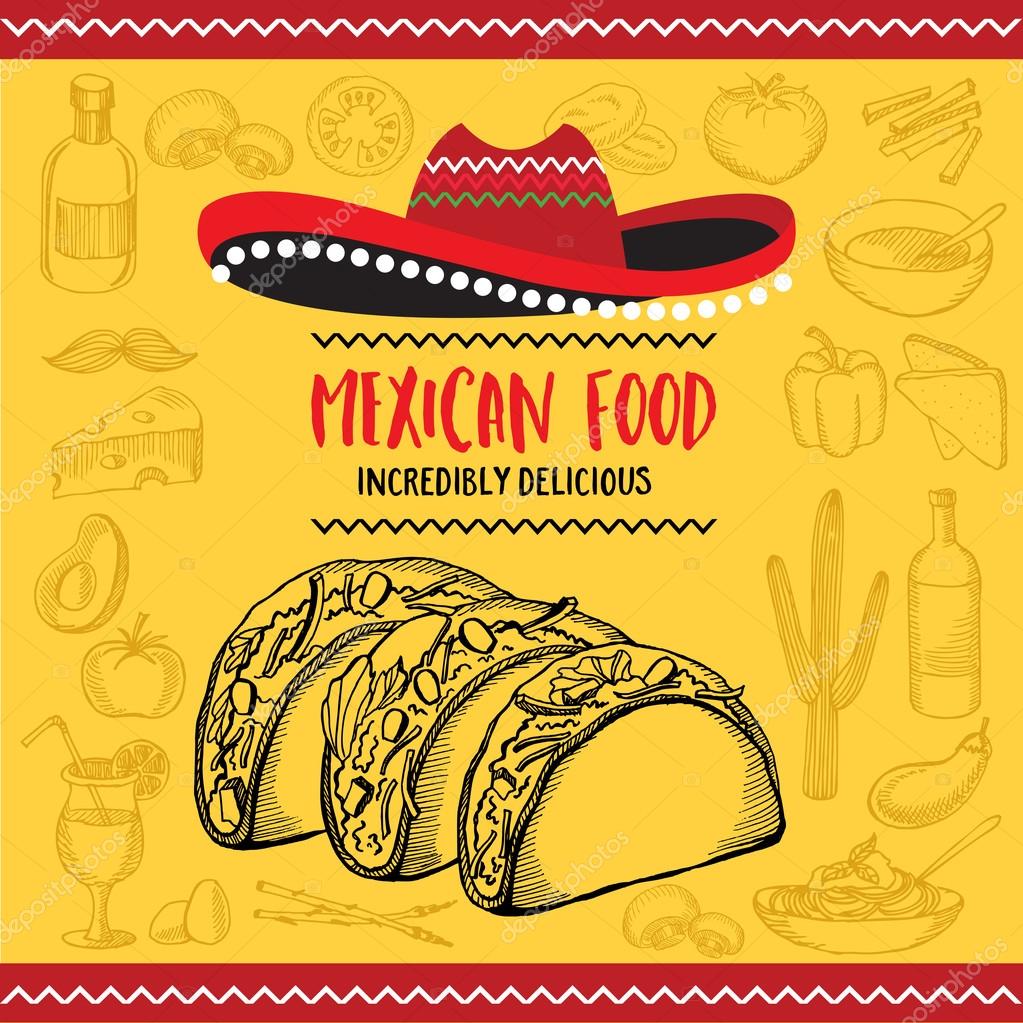 Mexican menu placemat food restaurant, menu template design. Vintage creative dinner brochure with hand-drawn graphic. Vector food menu flyer.