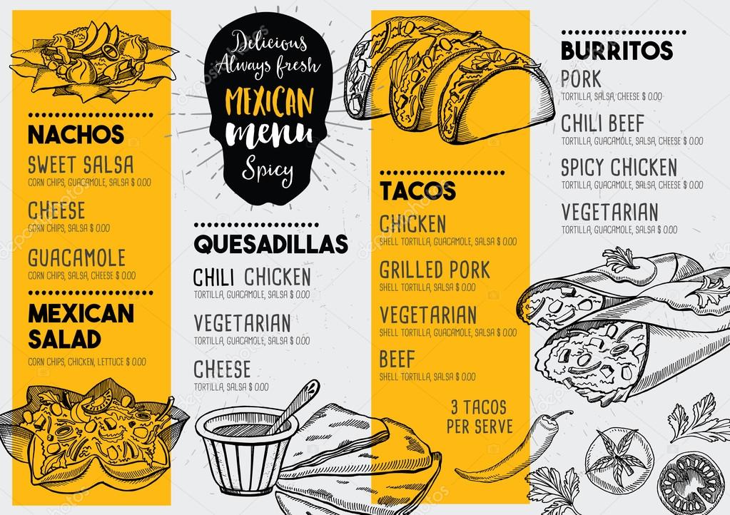 Mexican menu placemat food restaurant, menu template design. Vintage creative dinner brochure with hand-drawn graphic. Vector food menu flyer.