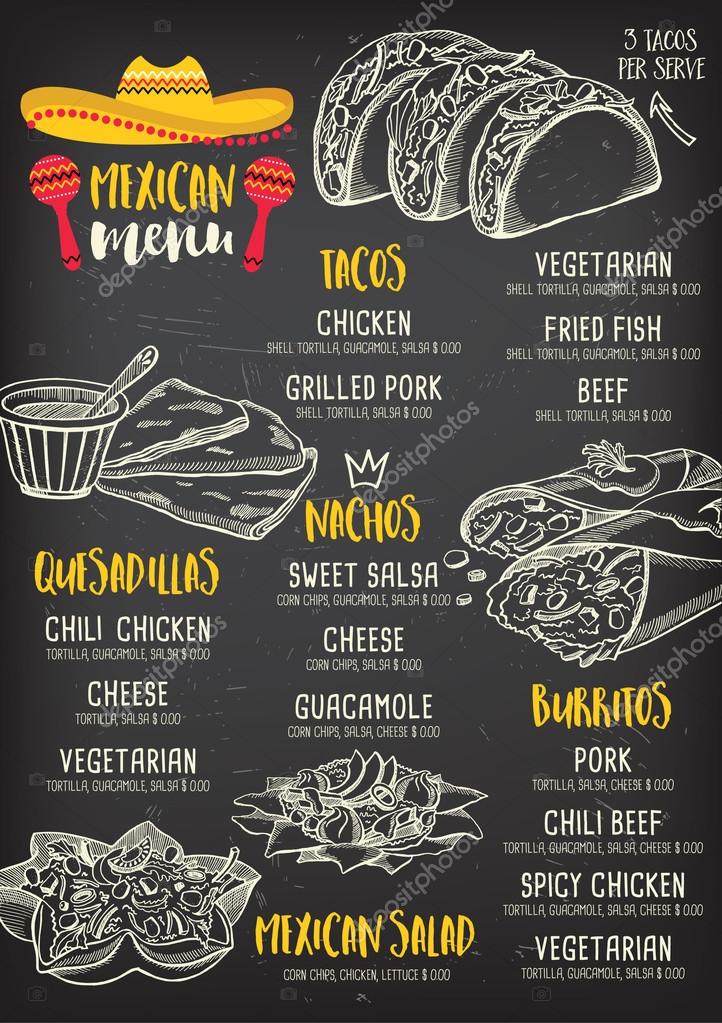 Mexican menu placemat food restaurant, menu template design. Vintage creative dinner brochure with hand-drawn graphic. Vector food menu flyer.