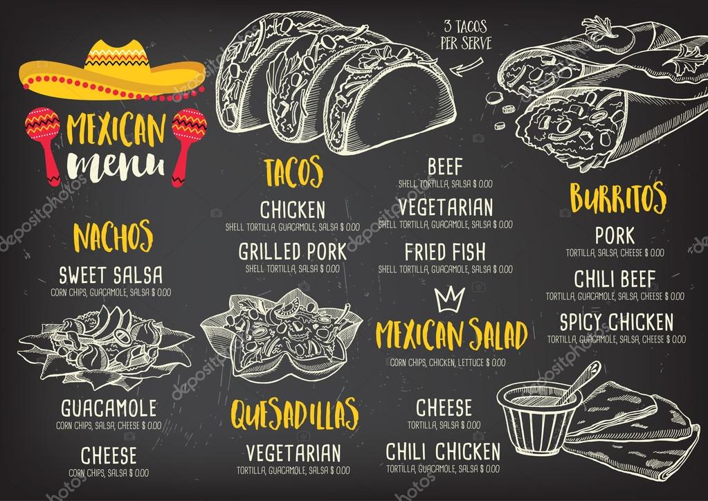 Mexican menu placemat food restaurant, menu template design. Vintage creative dinner brochure with hand-drawn graphic. Vector food menu flyer.