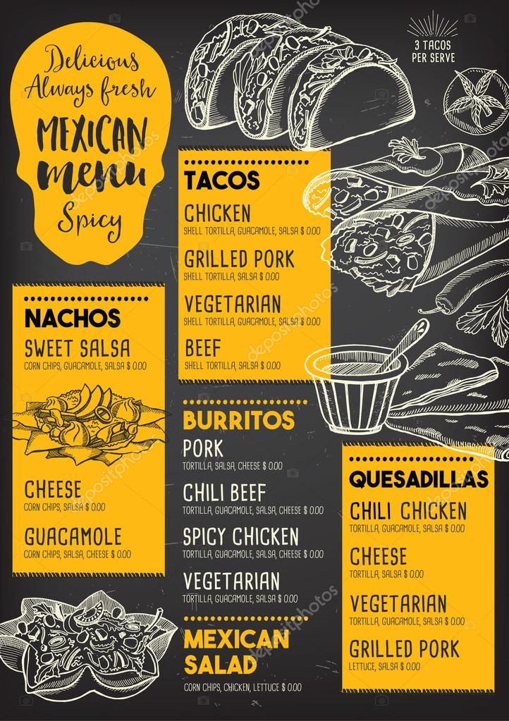 Mexican menu placemat food restaurant, menu template design. Vintage creative dinner brochure with hand-drawn graphic. Vector food menu flyer.
