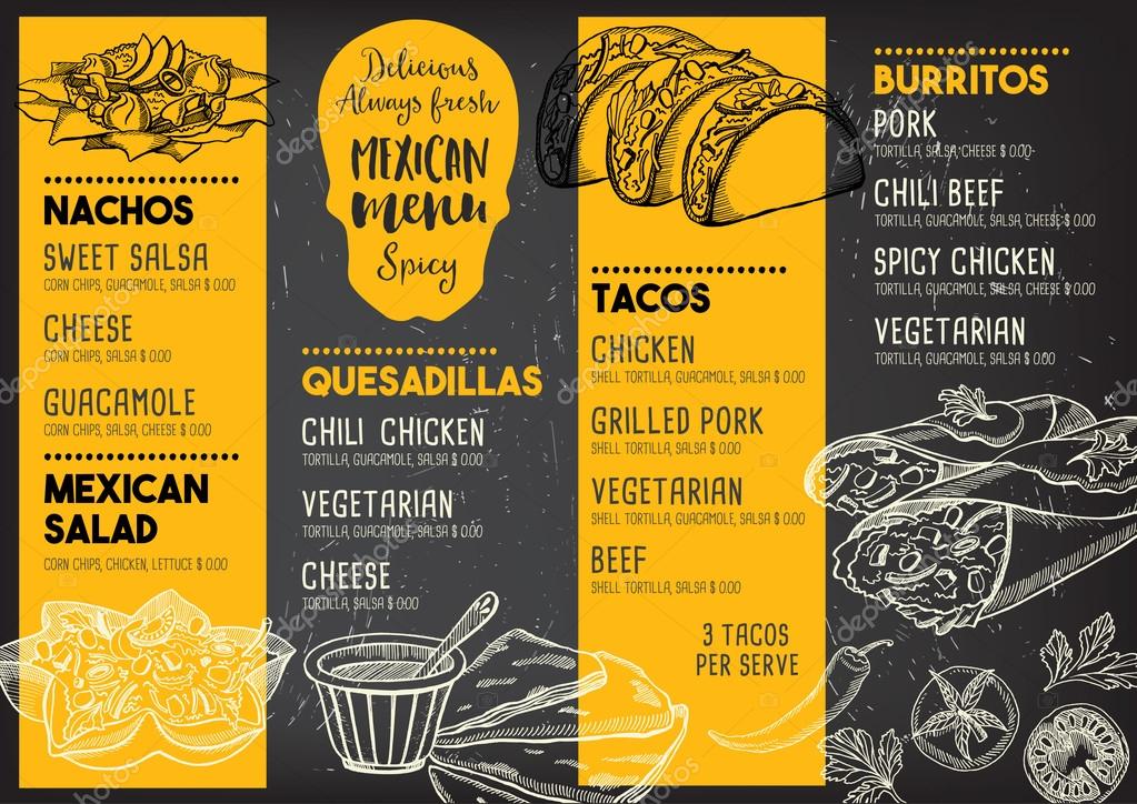 Mexican menu placemat food restaurant, menu template design. Vintage creative dinner brochure with hand-drawn graphic. Vector food menu flyer.