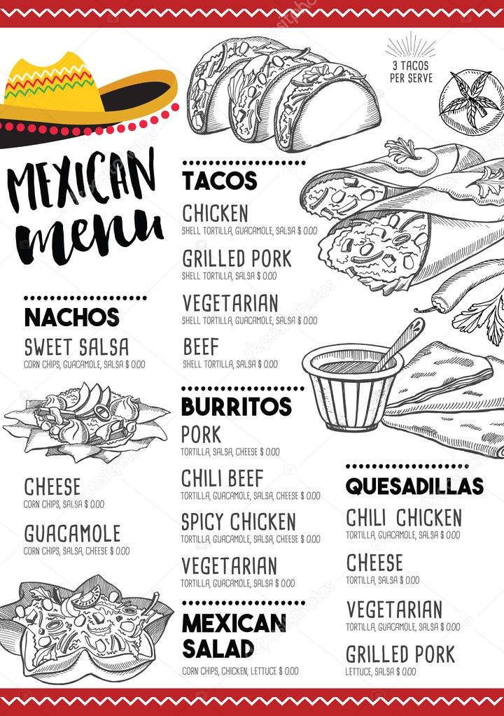 Mexican menu placemat food restaurant, menu template design. Vintage creative dinner brochure with hand-drawn graphic. Vector food menu flyer.