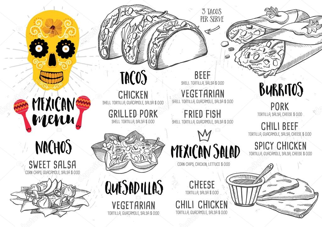 Mexican menu placemat food restaurant, menu template design. Vintage creative dinner brochure with hand-drawn graphic. Vector food menu flyer.
