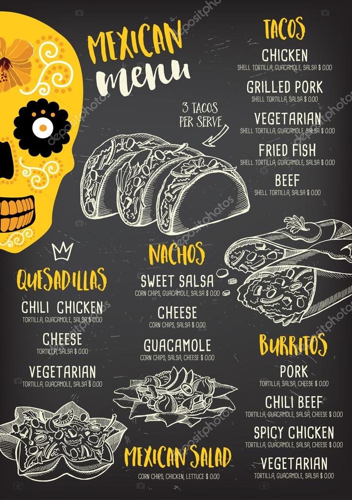 Mexican menu placemat food restaurant, menu template design. Vintage creative dinner brochure with hand-drawn graphic. Vector food menu flyer.