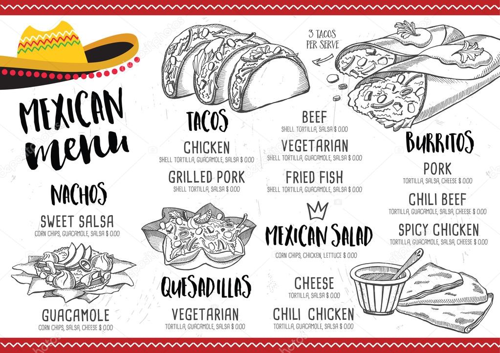 Mexican menu placemat food restaurant, menu template design. Vintage creative dinner brochure with hand-drawn graphic. Vector food menu flyer.