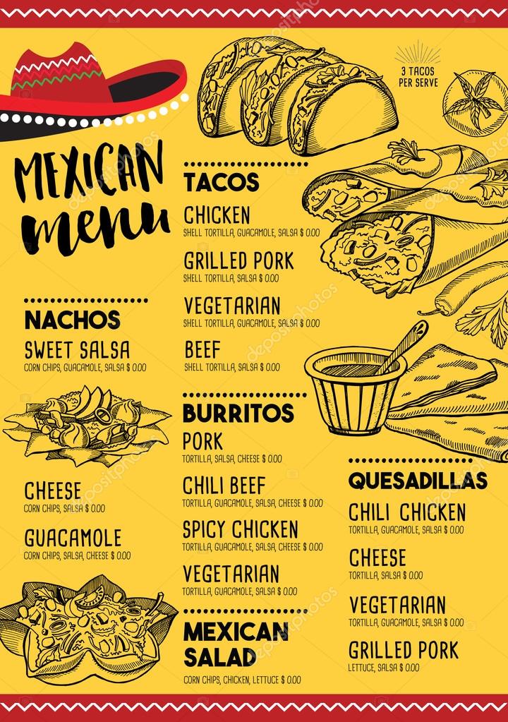 Mexican menu placemat food restaurant, menu template design. Vintage creative dinner brochure with hand-drawn graphic. Vector food menu flyer.