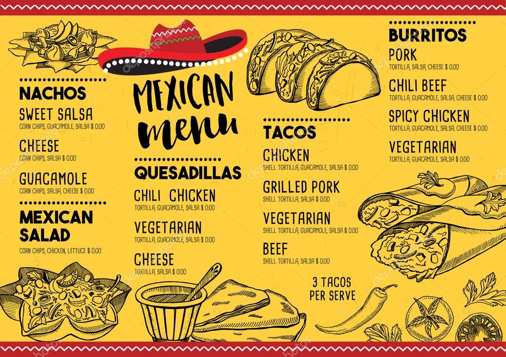 Mexican menu placemat food restaurant, menu template design. Vintage creative dinner brochure with hand-drawn graphic. Vector food menu flyer.