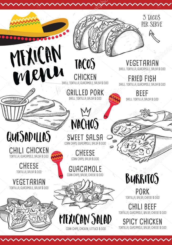Mexican menu placemat food restaurant, menu template design. Vintage creative dinner brochure with hand-drawn graphic. Vector food menu flyer