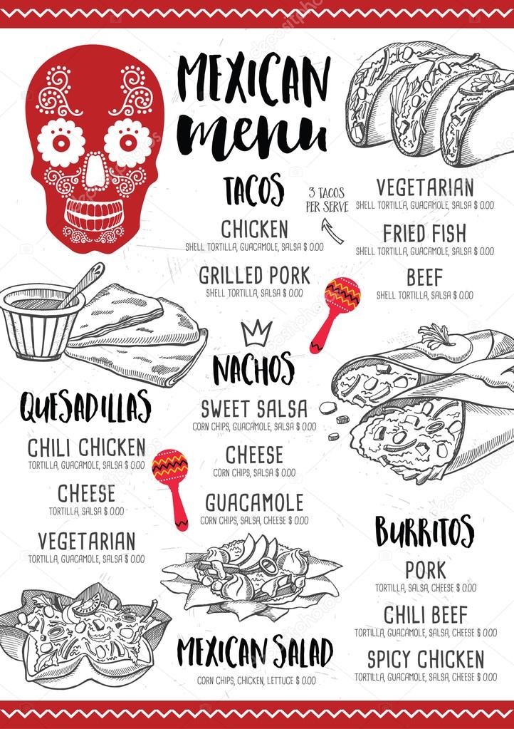 Mexican menu placemat food restaurant, menu template design. Vintage creative dinner brochure with hand-drawn graphic. Vector food menu flyer