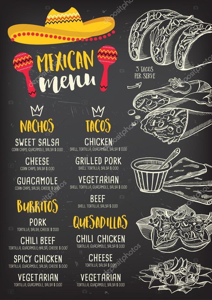 Mexican menu placemat food restaurant, menu template design. Vintage creative dinner brochure with hand-drawn graphic. Vector food menu flyer