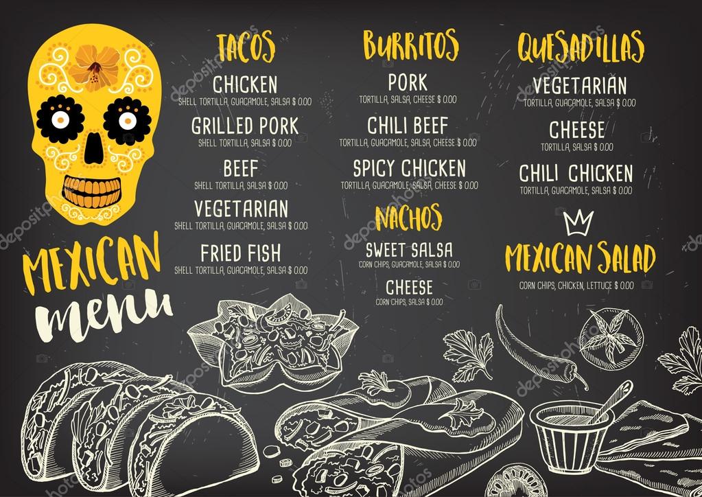 Mexican menu placemat food restaurant, menu template design. Vintage creative dinner brochure with hand-drawn graphic. Vector food menu flyer