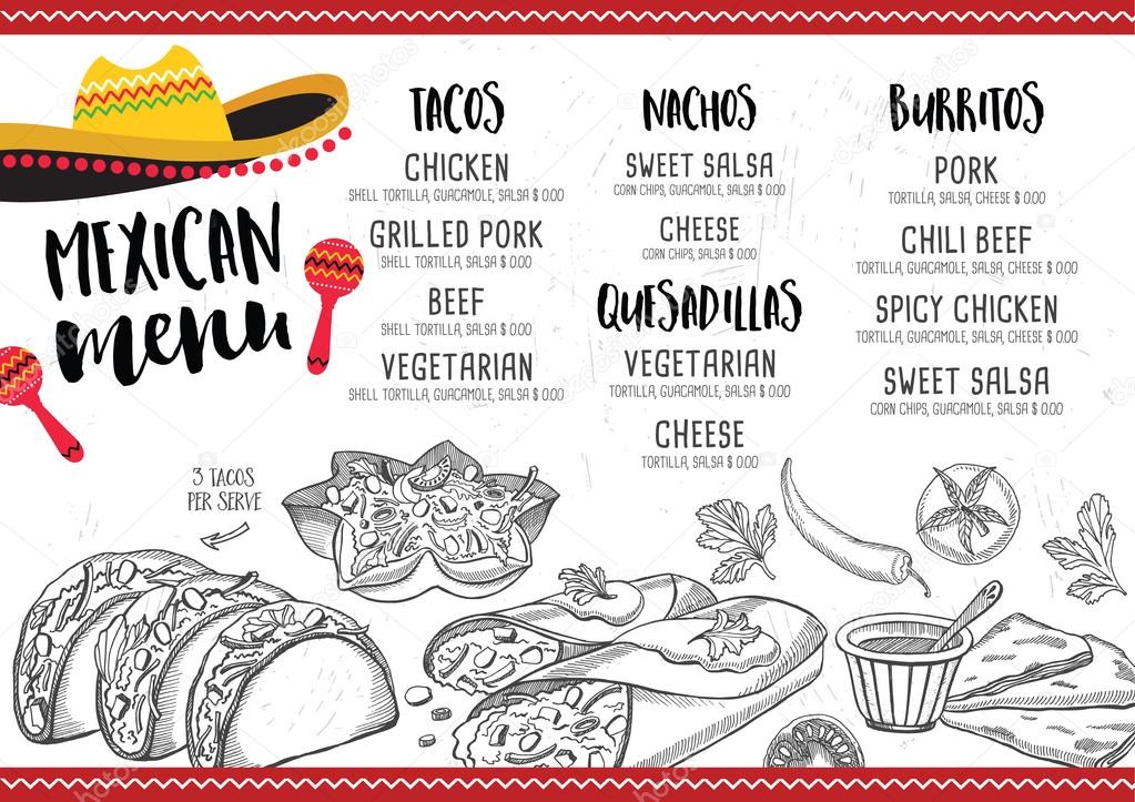 Mexican menu placemat food restaurant, menu template design. Vintage creative dinner brochure with hand-drawn graphic. Vector food menu flyer