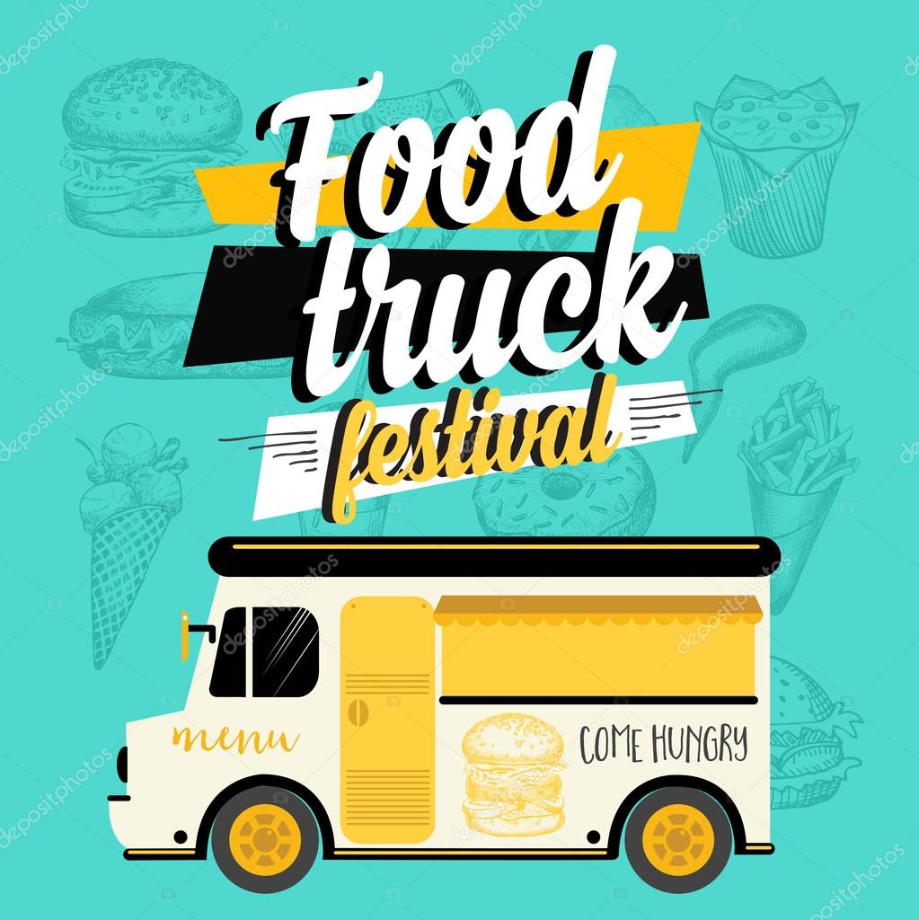 Food truck festival menu brochure, street food template design. Vintage creative party invitation with hand-drawn graphic. Vector food menu flyer. Hipster menu board.