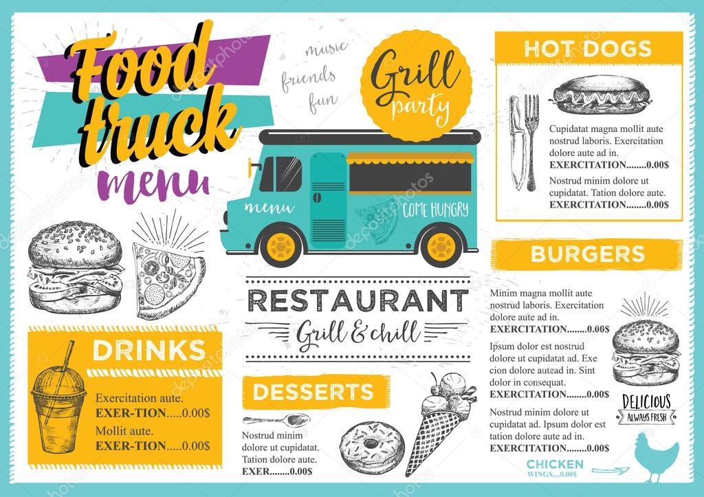 Food truck festival menu brochure, street food template design. Vintage creative party invitation with hand-drawn graphic. Vector food menu flyer. Hipster menu board.