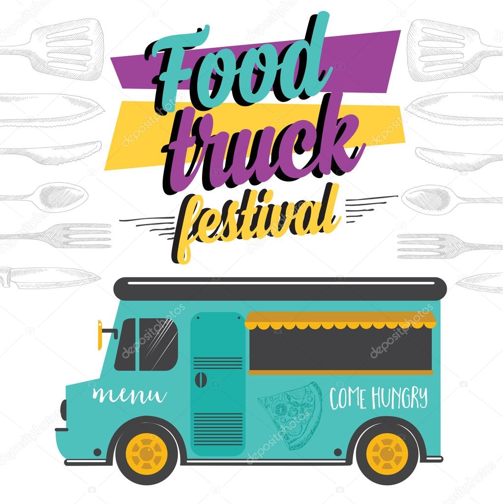 Food truck festival menu brochure, street food template design. Vintage creative party invitation with hand-drawn graphic. Vector food menu flyer. Hipster menu board.