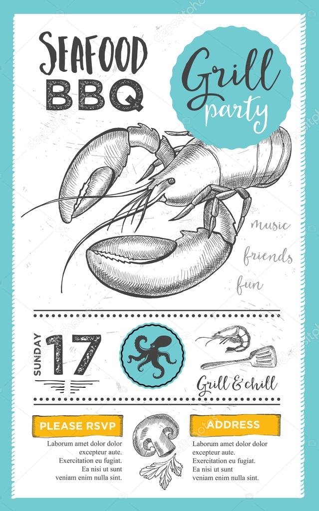 Barbecue menu placemat food restaurant brochure, bbq template design. Vintage creative dinner invitation with hand-drawn graphic. Vector food menu flyer.