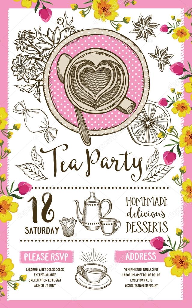 Tea party invitation, template design. Vintage creative dinner invitation with hand-drawn graphic. Vector food menu flyer.