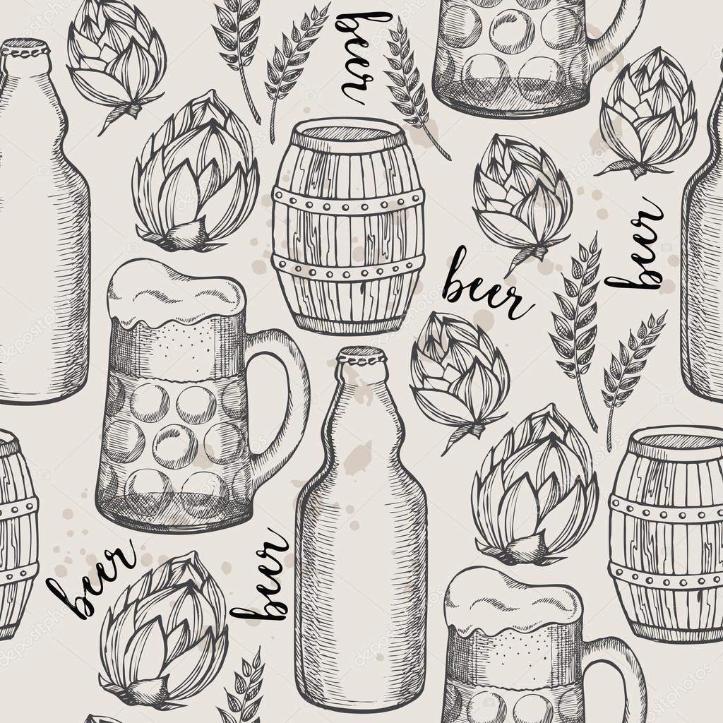 Beer seamless pattern background. Food design icons hand-drawing elements. Graphic texture for restaurant template.