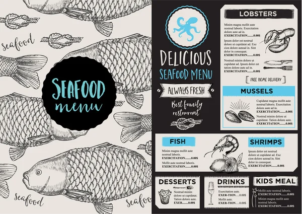 Menu restaurante de frutos do mar, modelo placemat . —  Vetores de Stock