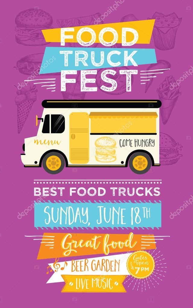 Food truck festival menu food brochure, street food template design. Vintage creative party invitation with hand-drawn graphic. Vector food menu flyer. Hipster menu board