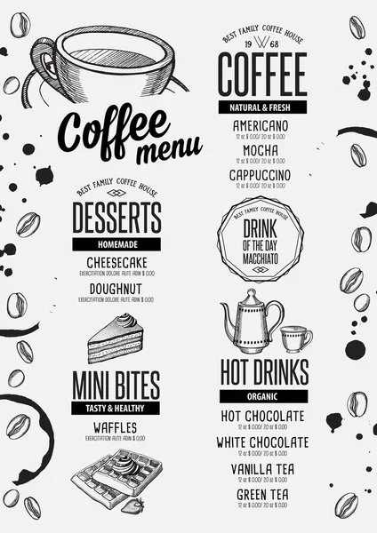 커피 메뉴 레스토랑, 음료 템플릿 — 스톡 벡터