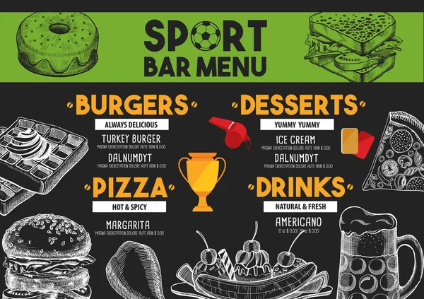 Menu sport bar ristorante, modello di cibo — Vettoriale Stock