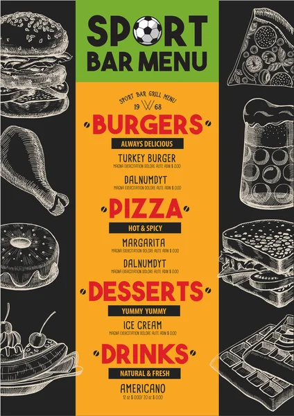 Menu sport bar restaurante, modelo de comida — Vetor de Stock